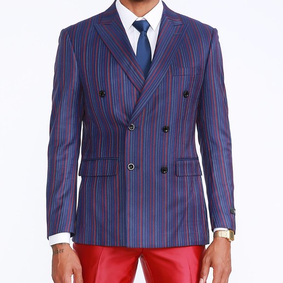 Mens Streak Pinstriped 2pc Double Breasted Suit, Blue w/ Red and White Stripes - Picture 2 of 9